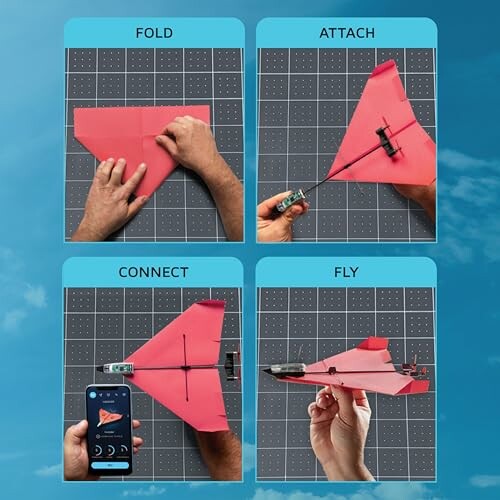 Steps to fold, attach, connect, and fly a powered paper airplane.