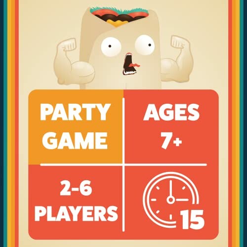 Illustration of a party game for ages 7 and up, 2-6 players, 15 minutes