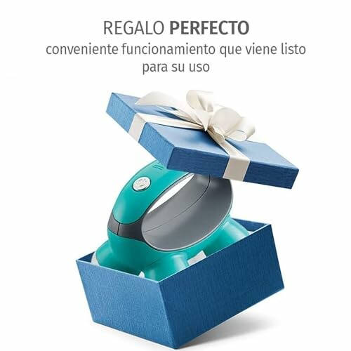 Turquoise device in a blue gift box with ribbon, perfect for gifting or treating yourself.