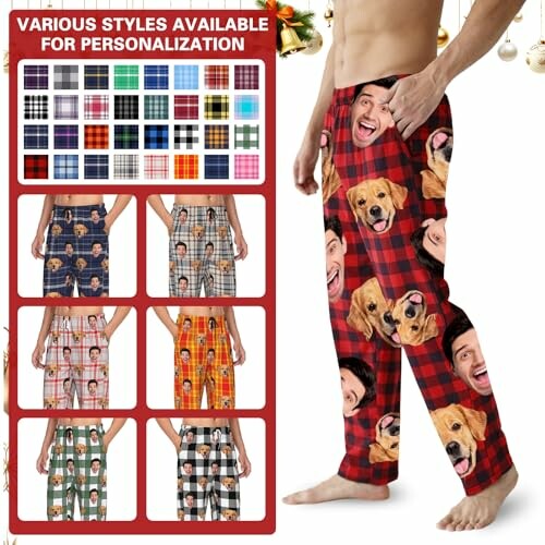 Personalized pajama pants with custom face and dog prints.