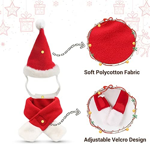 Red and white pet Christmas costume with Santa hat and scarf, featuring soft polycotton fabric and adjustable Velcro design.