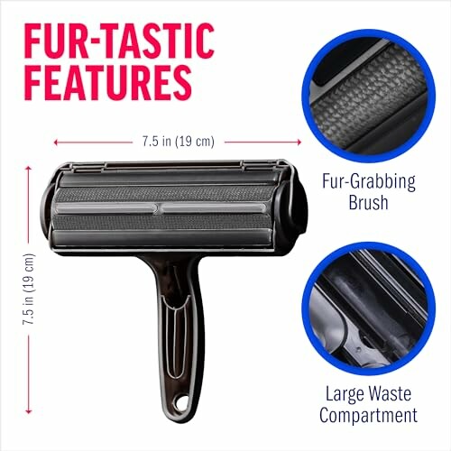 Pet hair remover brush with fur-grabbing brush and waste compartment.