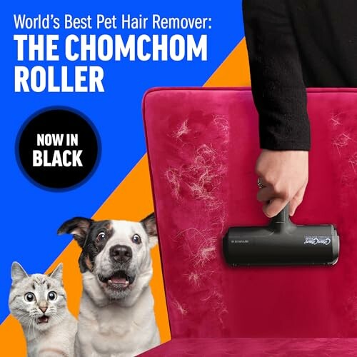 Person using a pet hair remover roller on a red chair with a cat and dog nearby.