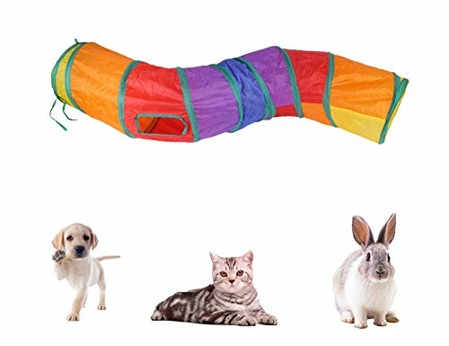 Colorful play tunnel with a puppy, kitten, and rabbit.