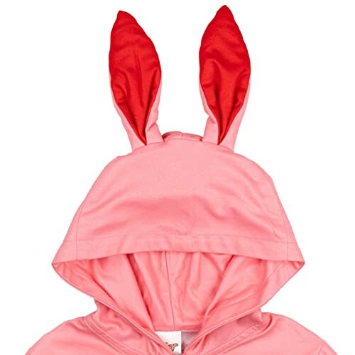 Pink hoodie with red bunny ears on the hood.