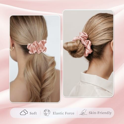 Woman wearing pink scrunchie in two hairstyles: ponytail and bun.