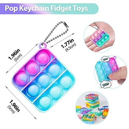 Colorful pop keychain fidget toy with dimensions.
