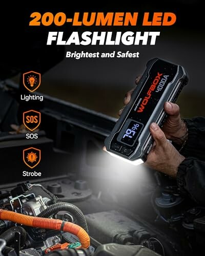 200-lumen LED flashlight with multiple modes being used for car maintenance, showcasing the versatility of the WOLFBOX MV24.