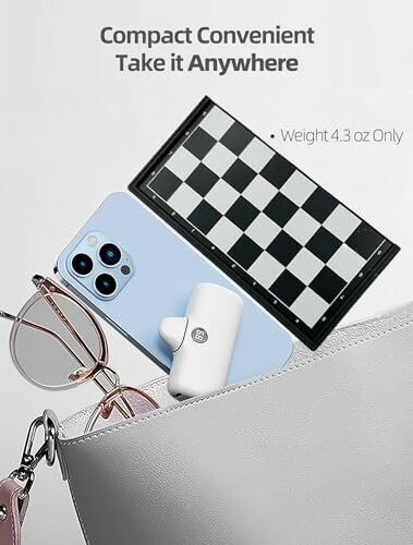 Portable device with chessboard pattern and glasses in a bag.