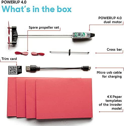 Contents of PowerUp 4.0 kit including motor, propellers, trim card, crossbar, USB cable, and paper templates.