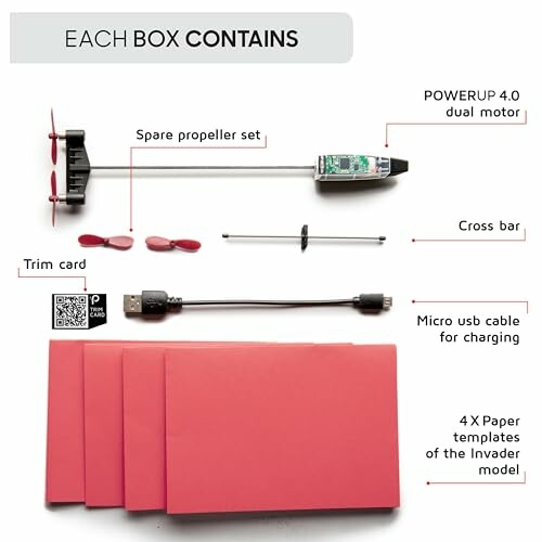 Contents of the PowerUp 4.0 kit including motor, propellers, and paper templates.