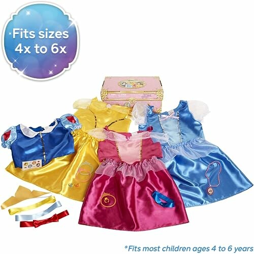 Princess dress-up set with four colorful dresses and accessories for ages 4 to 6.