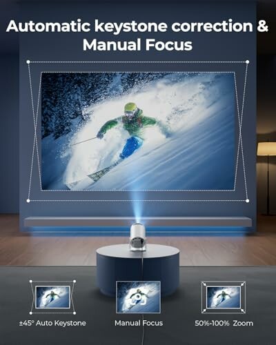 Projector displaying skier with automatic keystone correction and manual focus.
