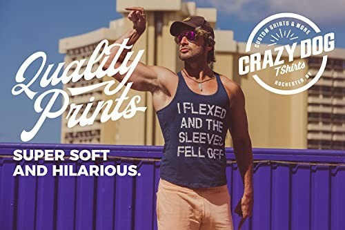 Man wearing humorous sleeveless shirt with quality prints in urban setting.