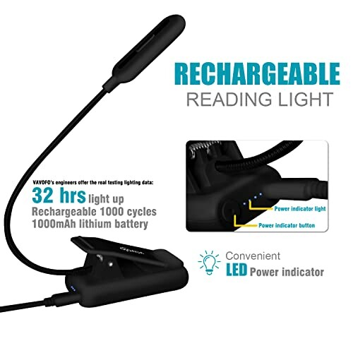 Rechargeable reading light with LED power indicator and flexible neck, ideal for bookworms.