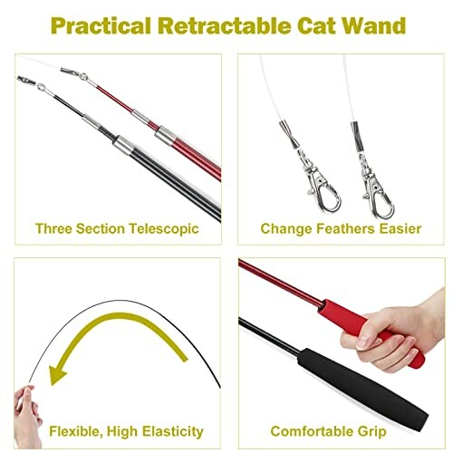 Retractable cat wand with features: telescopic, easy feather change, high elasticity, comfortable grip.