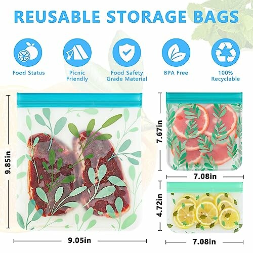 Reusable storage bags with food items inside, featuring icons for food status, picnic friendly, food safety, BPA free, and recyclable.