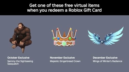 Roblox gift card exclusive virtual items: Sasquatch, Crown, Wings.