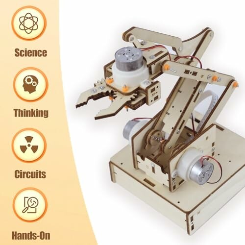 DIY wooden robotic arm kit with educational icons