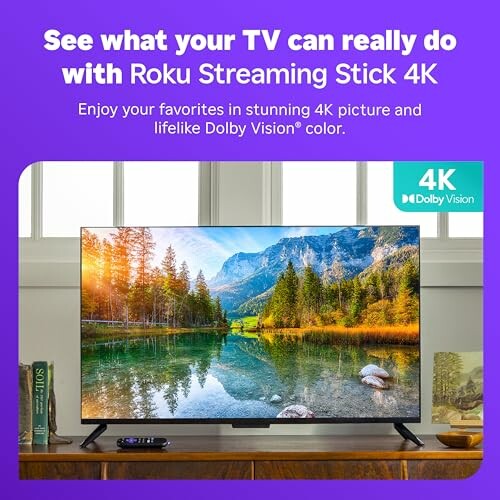 Roku Streaming Stick 4K promotion highlighting 4K and Dolby Vision.