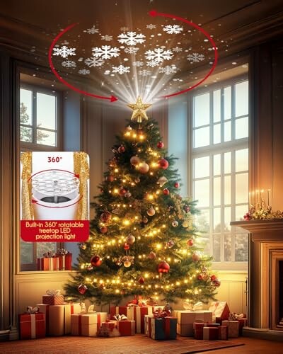 Christmas tree with rotating snowflake LED topper and gifts beneath.