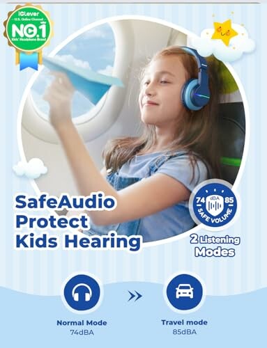 Child wearing headphones on a plane with safe audio levels.