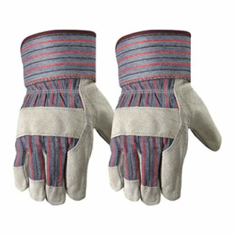 Pair of durable safety work gloves with striped fabric and leather palms.