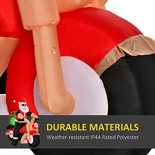 Inflatable Santa Claus on motorcycle with durable materials description.