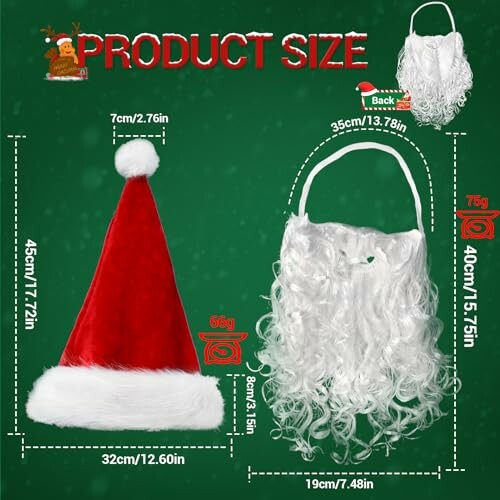 Santa hat and beard set with dimensions and weights.