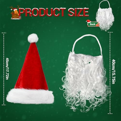 Santa hat and beard with size measurements.