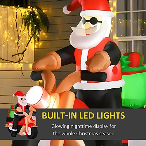 Inflatable Santa on motorcycle with built-in LED lights