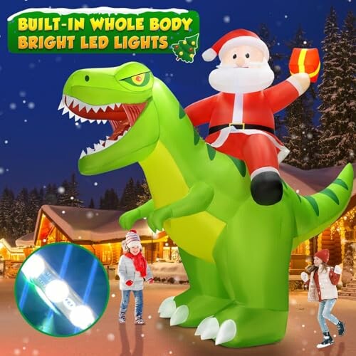 Inflatable Santa riding a dinosaur with LED lights, holiday decoration.