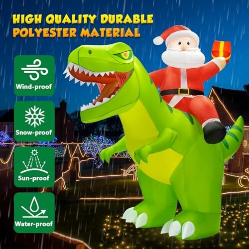 Inflatable Santa on green dinosaur with weatherproof features.