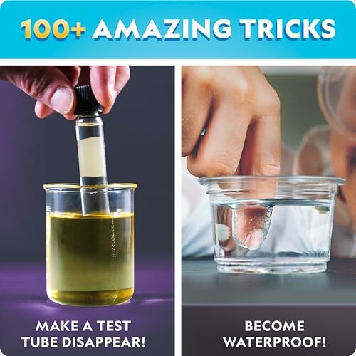 Two science tricks: disappearing test tube and waterproof effect.