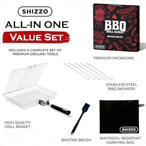 Shizzo BBQ grill basket set with tools and carrying bag.
