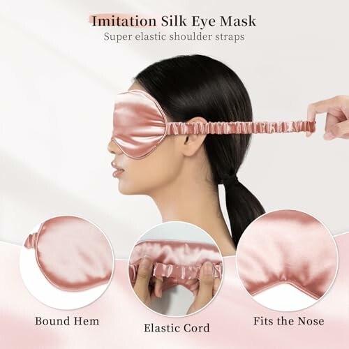 Woman wearing an imitation silk eye mask with elastic straps.