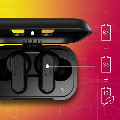 Skullcandy earbuds in charging case with battery life diagram.
