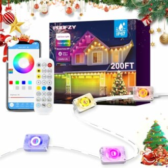 Smart LED RGB lights with remote control and mobile app, featuring a house decorated for Christmas.