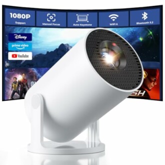 Smart projector with app icons on screen.