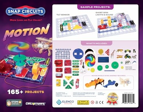 Snap Circuits Motion kit box showing components and sample projects.