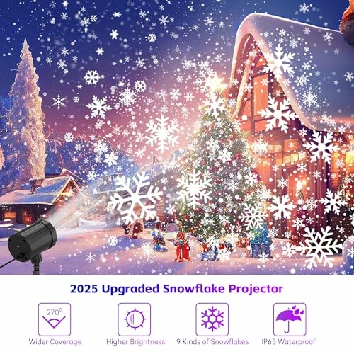 Snowflake projector displaying snowflakes on a house in a snowy village setting.