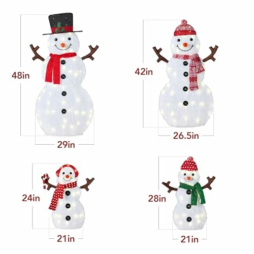 Four snowman Christmas decorations with measurements.