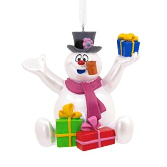 Snowman ornament with gifts and hat.