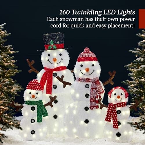 Four snowmen with LED lights, each wearing hats and scarves, surrounded by trees.
