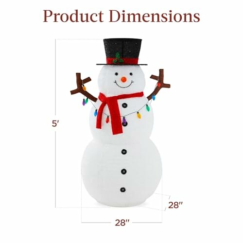 Snowman decoration with dimensions 5 feet tall and 28 inches wide.