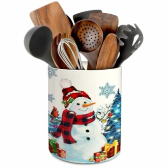 Festive utensil holder with snowman and kitchen tools