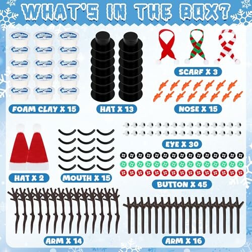 Snowman making kit with foam clay, hats, scarves, noses, eyes, buttons, mouths, and arms.
