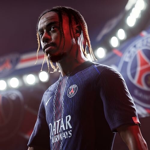 Soccer player in PSG jersey at stadium.