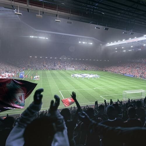 Crowd cheering at a soccer stadium during a night match.