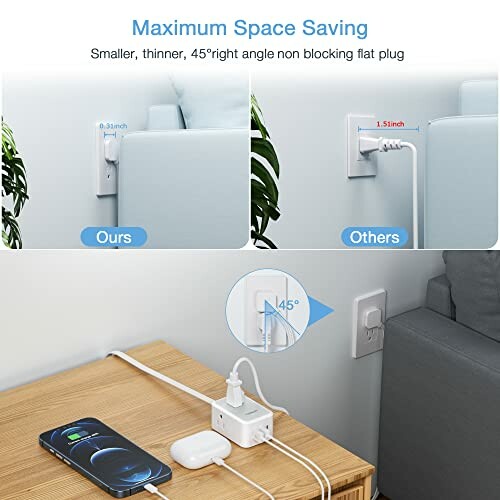 Comparison of space-saving flat plug and standard plug behind furniture. Perfect for tight spaces.